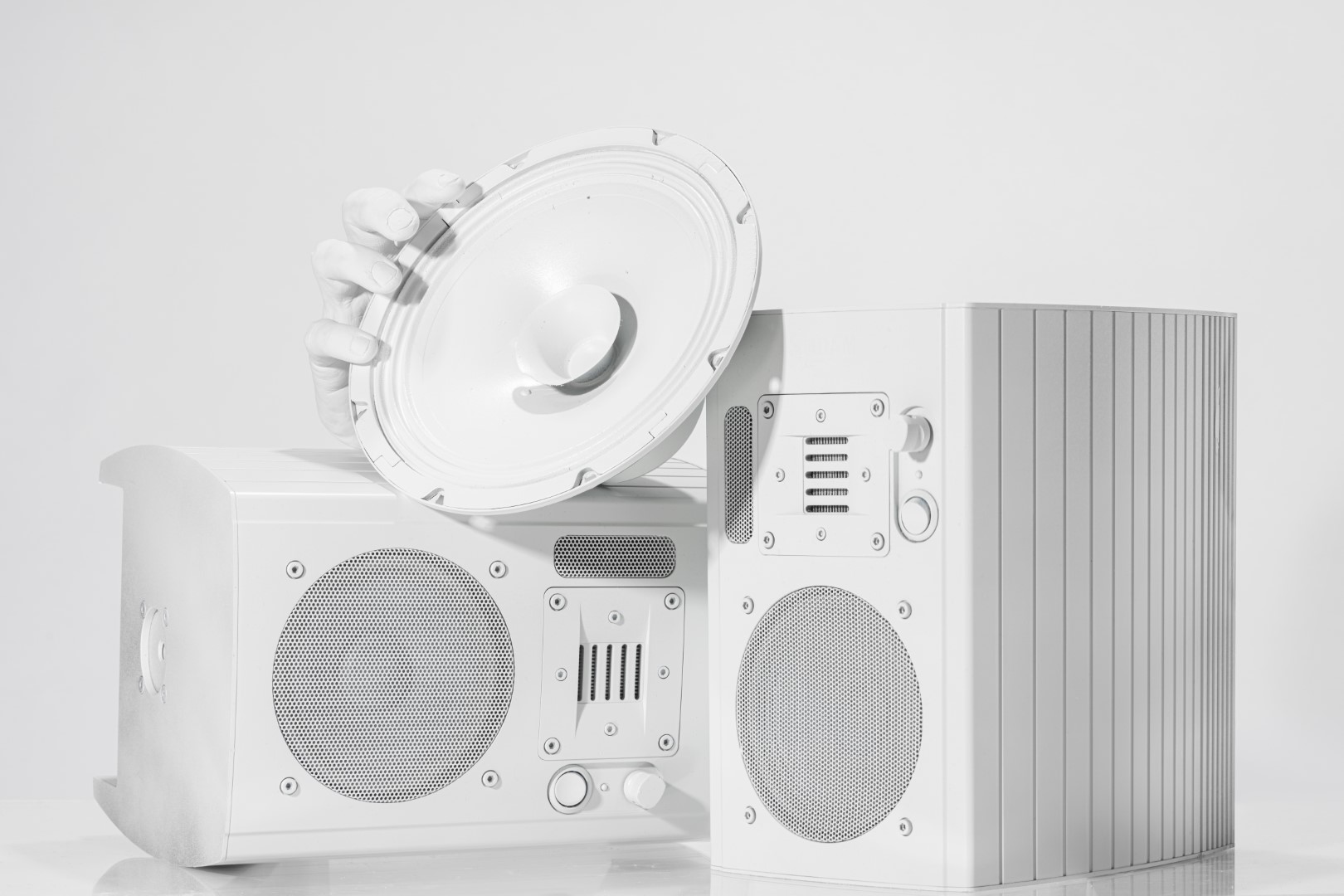 all white product audio equipment for moog audio. studio speaker