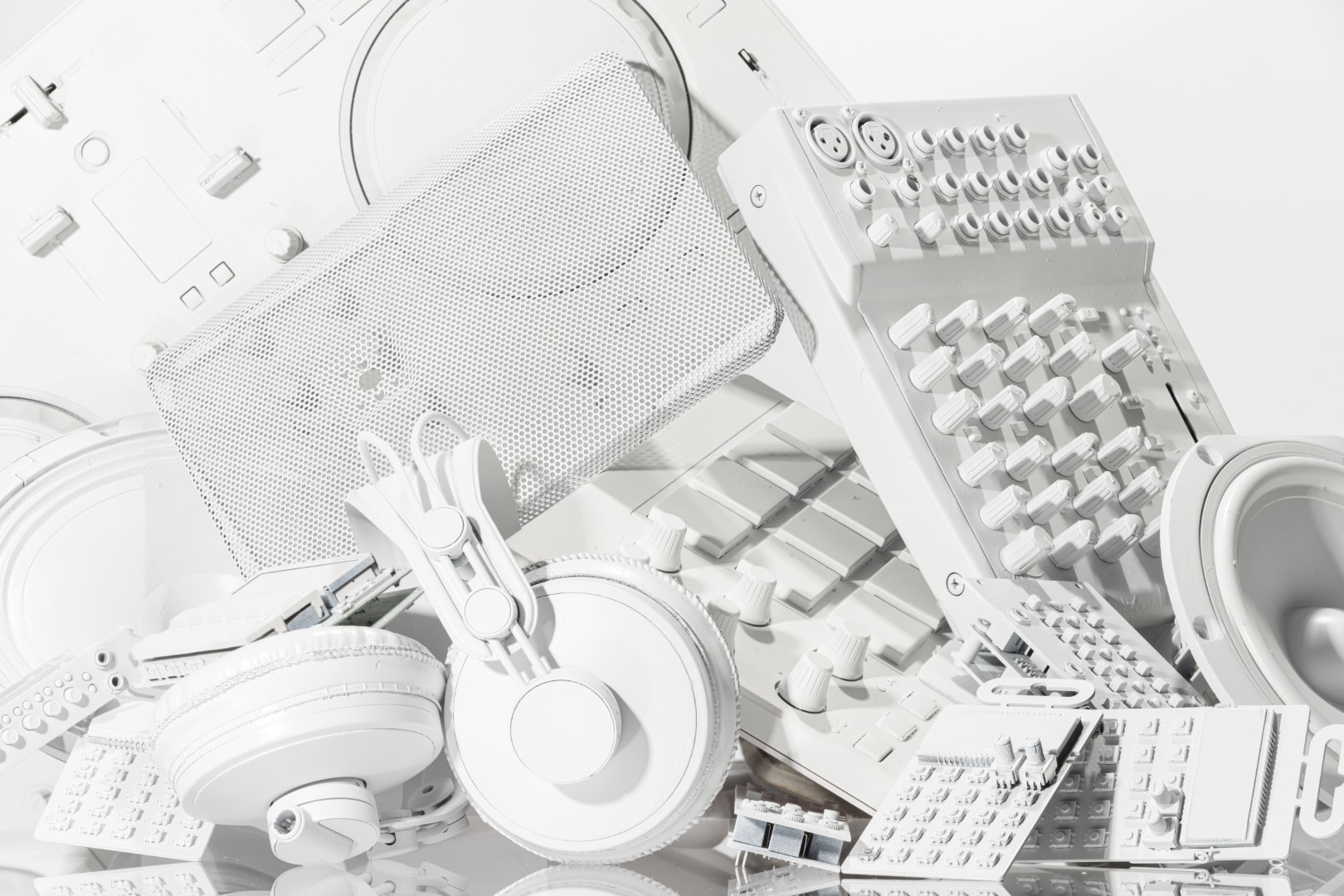 dreamy product photography all white paint and DJ equipments for Moog Audio