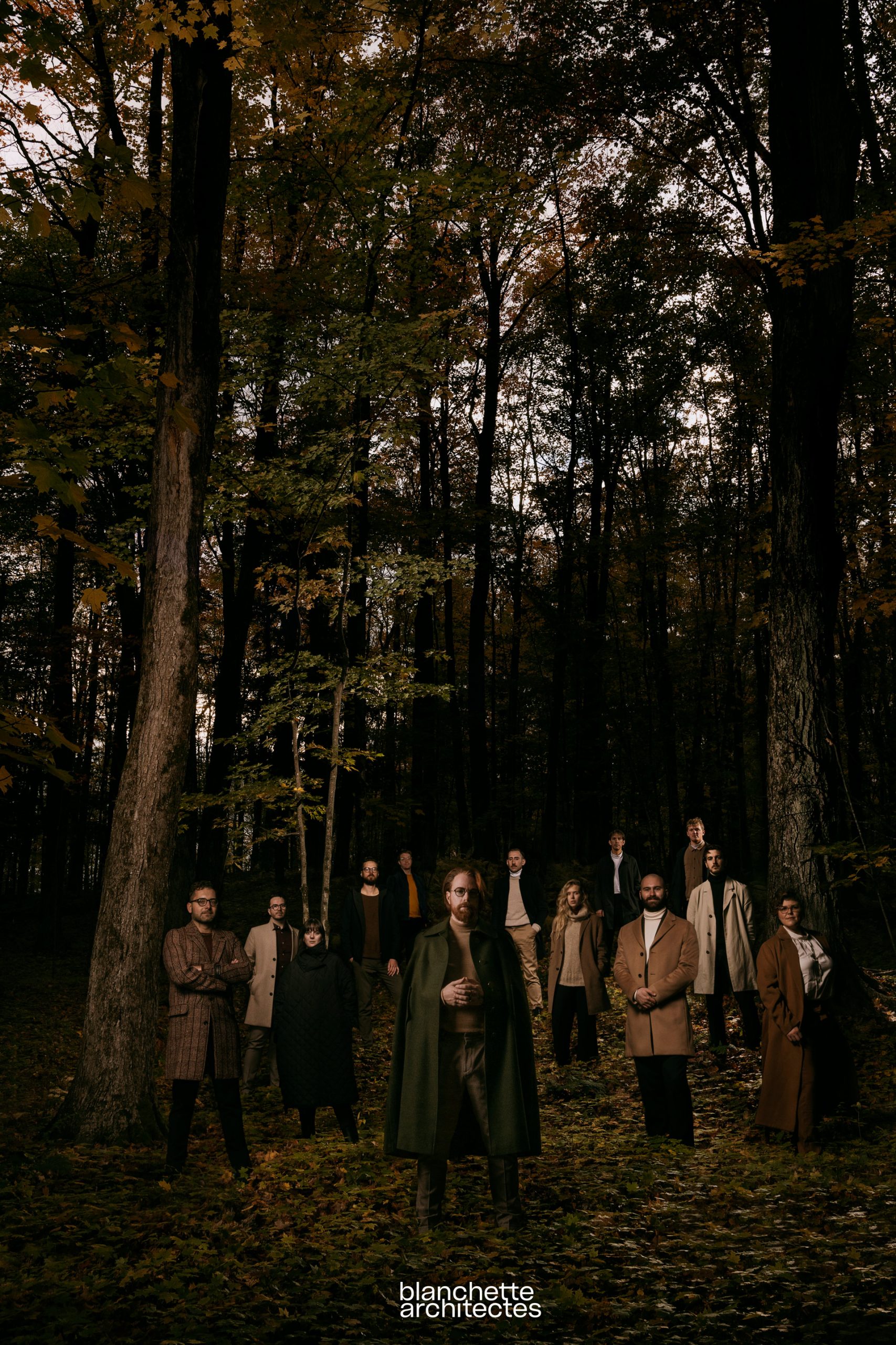 Corporate team photography for Architect Studio Blanchette Architectes. Fashion photography in forest autumn