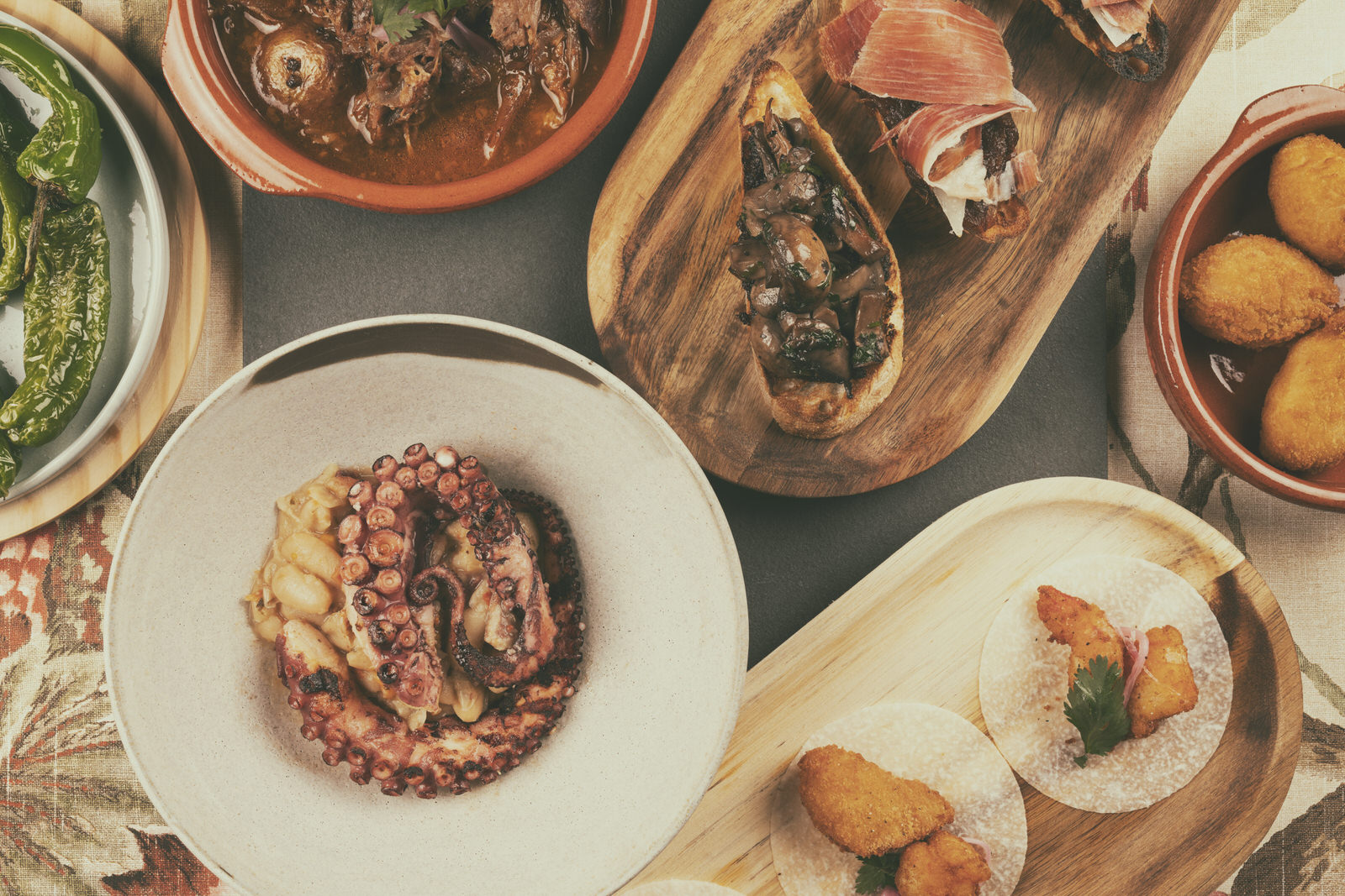 spanish dish overhead food photography moody. octopus meal