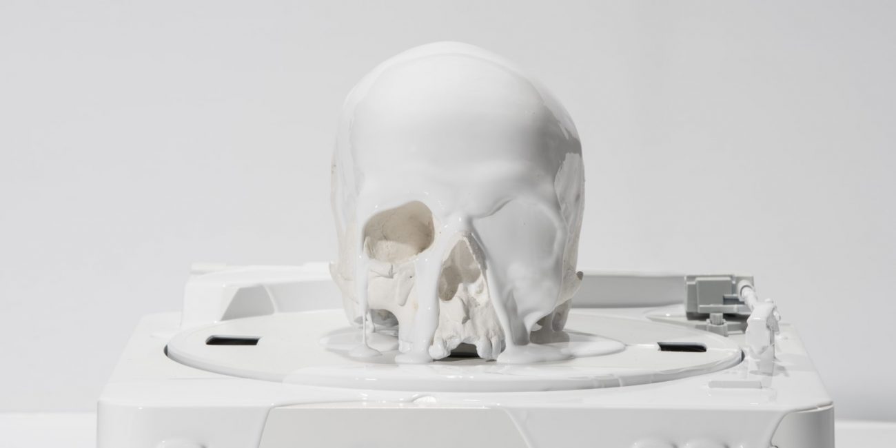 white paint on skull and record player , product photography for Moog Audio